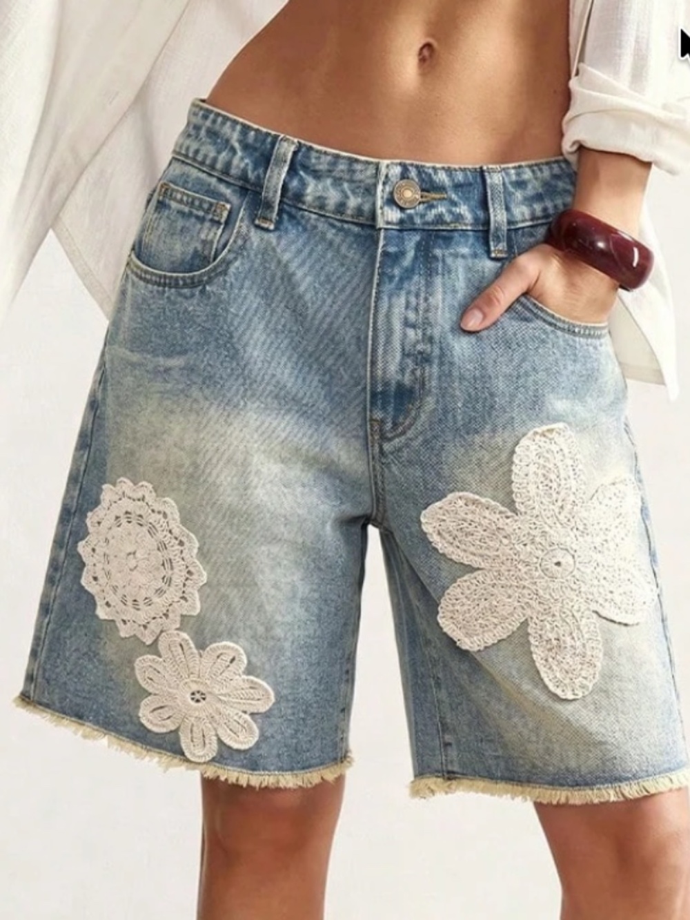 Western Floral Embroidered Frayed Hem Denim Jeans Shorts Jorts - Picture 2 of 7